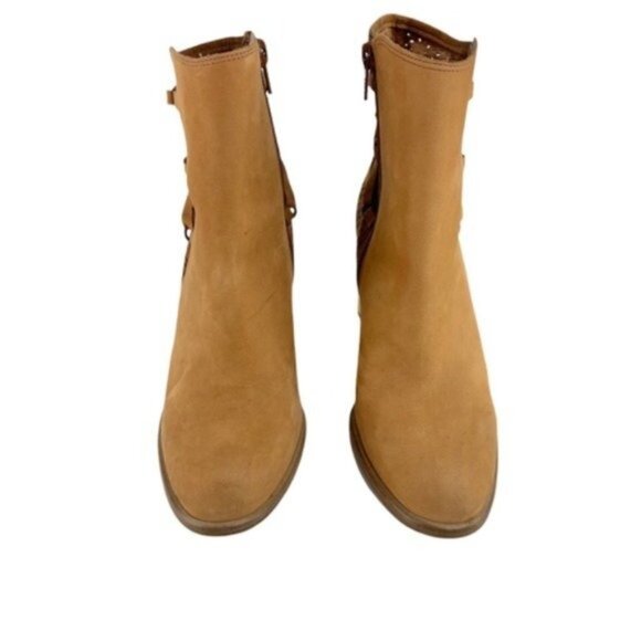 Miss Albright Suede Laser Cut Strappy Ankle Booties Wooden Heel - Picture 2 of 10